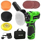 Waxacar Cordless Mini Car Polisher Kit with 2 Speed Settings, 12V Battery Powered Buffer Polishing Detailing Set, Includes Flat Foam, Sandpaper & Faux Fur Pads, Detachable Handle & Carry Bag