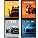 4 Pcs Car Posters, Super Car Poster, Cool Canvas Wall Art for Man Cave Boys Room Bedroom Aesthetics Decor, Modern Sports Cars Classic Racing Cars Prints, 12x8 Inch