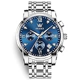 OLEVS Mens Watches Big Face Silver Stainless Steel Chronograph Watch Men Classic Blue Roman Numerals Dial Analog Quartz Men's Watch Luxury Diamond Luminous Waterproof with Date Watches for Men