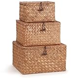 Woodluv Storage Basket Set of 3, Storage Box Nested Hand-Woven Storage Basket, Stackable Wardrobe Organiser, Hamper Baskets, Brown