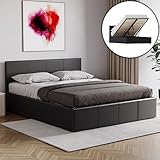 Vida Designs Lisbon Double Bed, 4Ft6 Ottoman Bed Frame Upholstered Faux Leather Headboard Low Foot End Bedroom Furniture, Black (UKFR Certified)