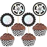 Blumomon 24Pcs Racing Wheel Cupcake Toppers Glitter Racing Wheel Racing Car Cupcake Picks for Racing Sports Theme Baby Shower Boys Birthday Party Cake Supplies