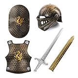 Childs Armour Set - Bronze Knights Helmet, Breastplate, Shield. Sword in Scabbard - Kids Medieval Fancy Dress Costume Accessory Set