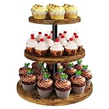 IBUYKE 3 Tier Cupcake Stand,Wood Durable Cupcake Tower,Round Serving Display Stand,Dessert Table Display Tree Tower for Birthday,Home Party, Wedding, Baby Shower,Rustic Brown TLJ017H