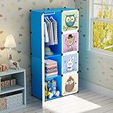 BRIAN & DANY Cartoon Clothes Closet Wardrobe DIY Modular Storage Organizer, Sturdy and Safe for Children, 6 Cubes & 1 Hanging Sections, Deeper Cubes than Normal (45 cm vs 35 cm) Larger Capacity, Blue