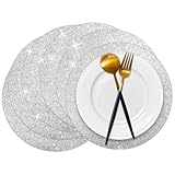 Baoswi 20 Pcs Silver Glitter Placemats, 33cm Diameter Round Placemats, Silver Sequin Doilies Decorative Placemats for Dining Table Wedding Birthday Party Holiday Home Decoration