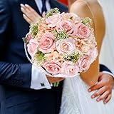 M METERXITY Wedding Bouquets for Bride, Artificial Flower Bouquet for Wedding Bridal Bouquets for Bride/Bridesmaid, Bouquets with Silk Ribbon [Bean Paste Color]