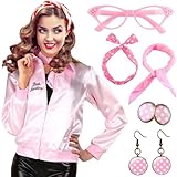 YADODO Pink Ladies Jacket Grease Outfits Fancy Dress Costume Lady Jackets Adults with 1950s Accessories Women 50s Neck Scarf for Halloween (L)