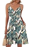 AUSELILY Summer Dresses for Women UK V Neck Spaghetti Strap Casual Dress Beach with Pockets Leaf Print M