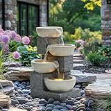 CHARLES BENTLEY 4 Tier Cascading Water Feature, Grey Brick Finish, Self Contained, 50HZ Pump, 220-240V, 10L Capacity, UV & Frost Resistant, 3 Built In LED Lights, 5m Cable (55.5x37x31cm)