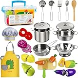 EFO SHM Toy Kitchen Accessories Role Play Cutting Food Toy Cookware Pot & Pan Set, Play Kitchen Accessories Utensil Chef Set Toy Gift 3 4 5 6 Boys and Girls Toddler