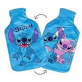 Disney Reversible Hot Water Bottles – Stitch Plush Cover – Natural Rubber 2L Capacity - Stitch/Angel Design - Reversible