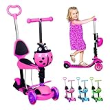 ADEPTNA 5-in-1 Kids Kick Scooter with LED Light-Up Wheels Adjustable Toddler Scooter with Removable Seat Push Handle Lean-to-Steer 3-Wheel Ride for Boys & Girls Ages 2-8 Smooth Sturdy Design (PINK)