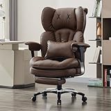 Efomao Desk Office Chair, X-Embroidery Big and Tall PU Leather Home Chair, Adjustable High Back Computer Gaming Chair, 200kg Swivel Executive Office Chair with Footrest and Lumbar Support, BROWN