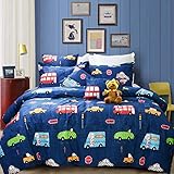 Michorinee Boys Double Duvet Cover Set Blue Cars Transport Print Kids Bedding Set with Pillowcases Microfiber Children Quilt Cover 200x200 cm Zipper Closure
