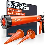 Presch Sausage Caulking Gun 600ml incl. 2 Nozzles – Sausage Gun switchable 24:1 & 12:1 Thrust Ratios for All Sealants & Adhesives (Acrylic, Silicone & PU) – 360° Rotating Barrel with Anti-Slip Grip