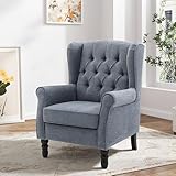 COLAMY Mid-Century Modern Living Room Accent Chair, Button Tufted Wingback with Thick Padded Seat, Upholstered Armchair, Fabric Sofa Arm Chair with Solid Wood Legs for Bedroom/Office/Café,lue