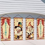 Tiamon 4 Pcs Vintage Halloween Carnival Banner Circus Carnival Party Supplies Retro Clown Porch Sign Halloween Garage Decorations Backdrop Poster for Indoor Outdoor Wall Hanging Decor