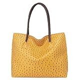 Milan Chiva Tote Bag for Women with Zipper Large Ostrich Vegan Leather Shoulder Purses and Handbags, Broom Yellow, L