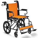 Lightweight Folding Wheelchair - Travel Friendly Foldable Transit Wheel Chair - Adjustable Footrests, Lock Lever Brakes, Dual Parking Brakes - Orange, Standard 18" Seat