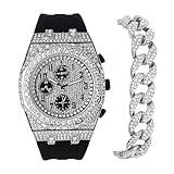 ICE STAR Men's 43mm Luxury Iced Diamond Octagon Watch & Bracelet Set - Silicone Band, SILVER-BLACK W/ BRACELET, mens-standard, Iced Out