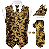YourTies Black Gold Waistcoat for Men Silk Jacquard Floral Vest Necktie Pocket Square Cufflinks Party Wedding Formal