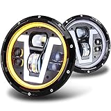 MOVOTOR MOT Approved 7inch Led Headlight with Amber Turn Signal V Type White DRL Hi Lo Beam Compatible with Defender 90 110 Jeep Wrangler JK TJ CJ Hummer H1 H2 Miata mx5 mk1