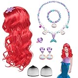 8 Pcs Mermaid Wigs Costume for Adult Kids, Angels Princess Red Long Curly Wig Hair, World Book Day Fancy Dress with 2 Hairnet Necklaces Bracelet Earrings Ring for Birthday Party Cosplay