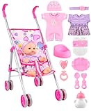GAGAKU Baby Doll Pram Set with 30cm Doll & Accessories, Dolls Pushchair Stroller for Girls Ages 1 2 3 4 5 6+ Years, Foldable Toy Dolls Buggy for Kids