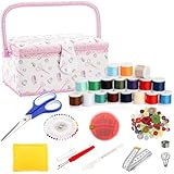Dicunoy Sewing Box Organiser with Accessories, Large Wooden Sewing Kit Storage and Organizer Basket, Vintage Sewing Baskets with Removable Tray for Adults, Sewing Mending, Beginner, Floral Print, Pink