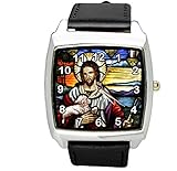 TAPORT® JESUS CHRIST Quartz SQUARE Watch BLACK Leather Band