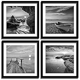 Black And White Wall Art - Sea And Beach In Sunrise Prints Wooden Framed 12x12 Inches Pictures Seascape Artwork 4PCS Boat Scenery Card Paper Paintings Decorations for Bedroom Living Room Kitchen Decor