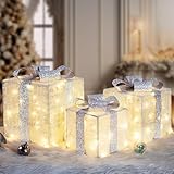 Quntis Set of 3 Light Up Present Boxes, 117 LEDs Extra Large Christmas Decorations Lights, Illuminated Parcels Lights Gift Boxes Christmas Tree Decorations Indoor Xmas Fairy Lights Decor, Silver
