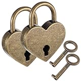 Grevosea 2 Pcs Mini Antique Padlock, Heart Shaped Padlock with Key Vintage Bronze Metal Lock for Jewelry Box Diary Book Handbag Storage Box Suitcase Decorative Lock