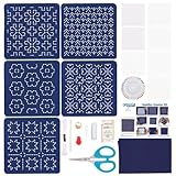 ORIGACH 5 Set Sashiko Coaster Kit, Japanese Traditional Sewing Kit, Handmade Coaster Kit with Thread, Needle, and Five Different Designs on Navy Blue Fabric
