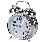 BALLSHOP Retro Alarm Clock with Non Ticking Twin Bell Retro Alarm Clock Old Fashioned Bedside Alarm Clock Vintage Battery Operated Analogue Quartz Loud Alarm Clock for Bedroom with Night Light Silver