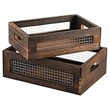 Dicunoy Set of 2 Rustic Wooden Storage Crates, Nesting Organizer Boxes, Small Decorative Wood Wire Containers with Handle for Countertop, Fruit, Veggies, Kitchen, Bathroom, Pantry Storage
