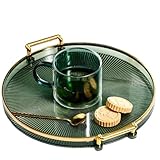 10.6" Round Decorative Tray with Handle, Modern Vanity Tray & Ottoman Serving Tray, Coffee Table, Kitchen & Bathroom for Coffee, Breakfast, Food & Beverages (Dark Green)