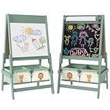 AIYAPLAY Art Easel for Kids, 3-in-1 Double-Sided Whiteboard/Blackboard Standing Easel with Paper Roll, Two Storage Boxes, Toddler Drawing Board for Ages 3-8 Years, Green