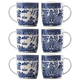UNIQUE HOME LIVING Blue Willow Barrel Mugs Set of 6, 350ml Bone China Coffee Mug Oriental Style Coffee Cups with Handle for Milk Tea Hot Cocoa (9 x 8.5cm)