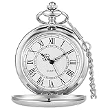Tiong Vintage Pocket Watch with Chain Smooth Steel Quartz Unique Roman Numerals Silver Men's Pocket Watches