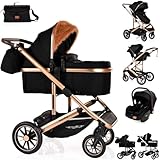 3 in 1 Baby Pram Travel System with Car Seat Lightweight Buggy Foldable Pushchair for Newborn and Toddlers up to 22kg New 2025 Style (Black - Gold)