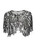 Grouptap 1920s silver black shawl gatsby bolero sequin cape shrug wrap for women ladies flapper art deco vintage dress costume (Silver, One Size)