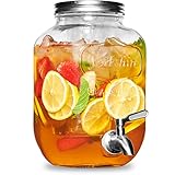 Glass Drink Dispenser with Stainless Steel Tap 3.7L - 100% Leak Proof Beverage Dispenser with Ice Core, Easy Filling Wide Mouth - Glass Jug Cocktail Accessories, Mason Jar Water Dispenser & Metal Lid