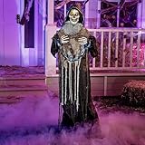 69'' Halloween Animated Grim Reaper Decoration with Chain, Life Size Skeleton with Light-up Eyes Creepy Sound (Sound Activated) for Halloween Haunted House Prop Outdoor/Indoor Lawn Decorations