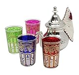 Moroccan Hammered Tea Set Medium: Silver Teapot with Integrated Filter and Teapot Holder, 4 Multicoloured Tea Glasses, Handmade in Morocco, Serving Mint Tea Gift Set