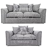Furnishings For Less UK Byron Dundee Fabric Sofa 3 + 2 Sofa Suite With Patterned Cushions - Silver Fabric