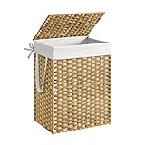 SONGMICS Laundry Basket, 90L Synthetic Rattan Storage Basket with Lid and Handles, Wicker, Foldable, Removable Liners, for Blankets, Clothes, Living Room, Bedroom, Laundry Room, Natural Colour LCB51NL