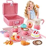 Kids Tea Picnic Toy with Woven Basket,Pretend Role Play Toy,Play Food Sets for Children,Mini Afternoon Tea Party Set,Gifts Presents for 3-12 Years Toddler Girls & Boys children(Pink)
