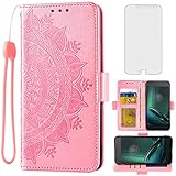 Asuwish Compatible with MotoG4 / Moto G4 Plus Wallet Case Tempered Glass Screen Protector Flip Wrist Strap Cell Phone Cover for Motorola G 4th Gen Generation G 4 4plus G4plus 4G G4+ Rose Gold